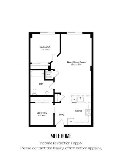 A floor plan of an MFTE home with income restrictions and a note to contact the leasing office before applying.